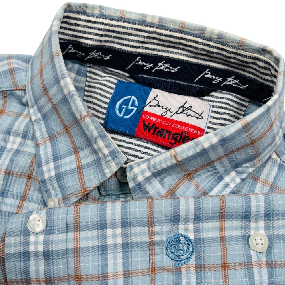 George Strait Cowboy Wrangler Western Shirt Mens L Blue Brown Plaid Rodeo Logo